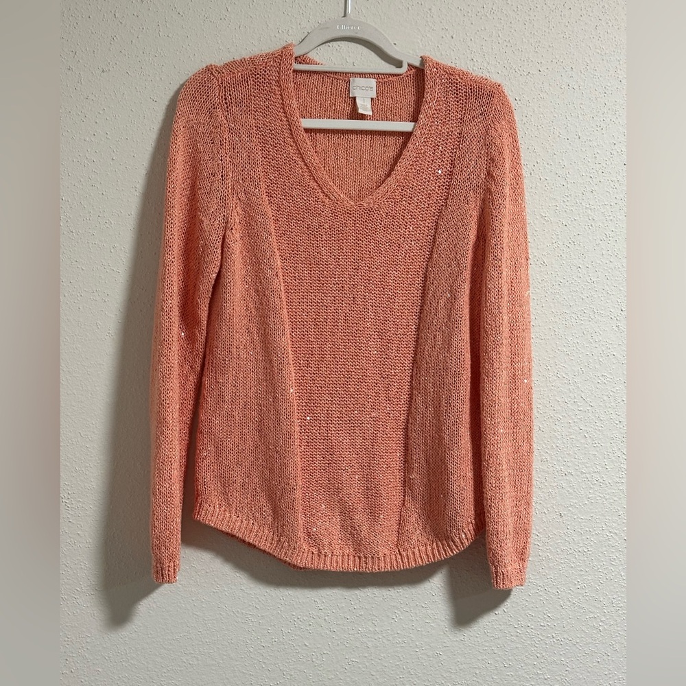 Chico's Sequin Shine Samantha Pullover V Neck Sweater SZ Small size 1 preowned